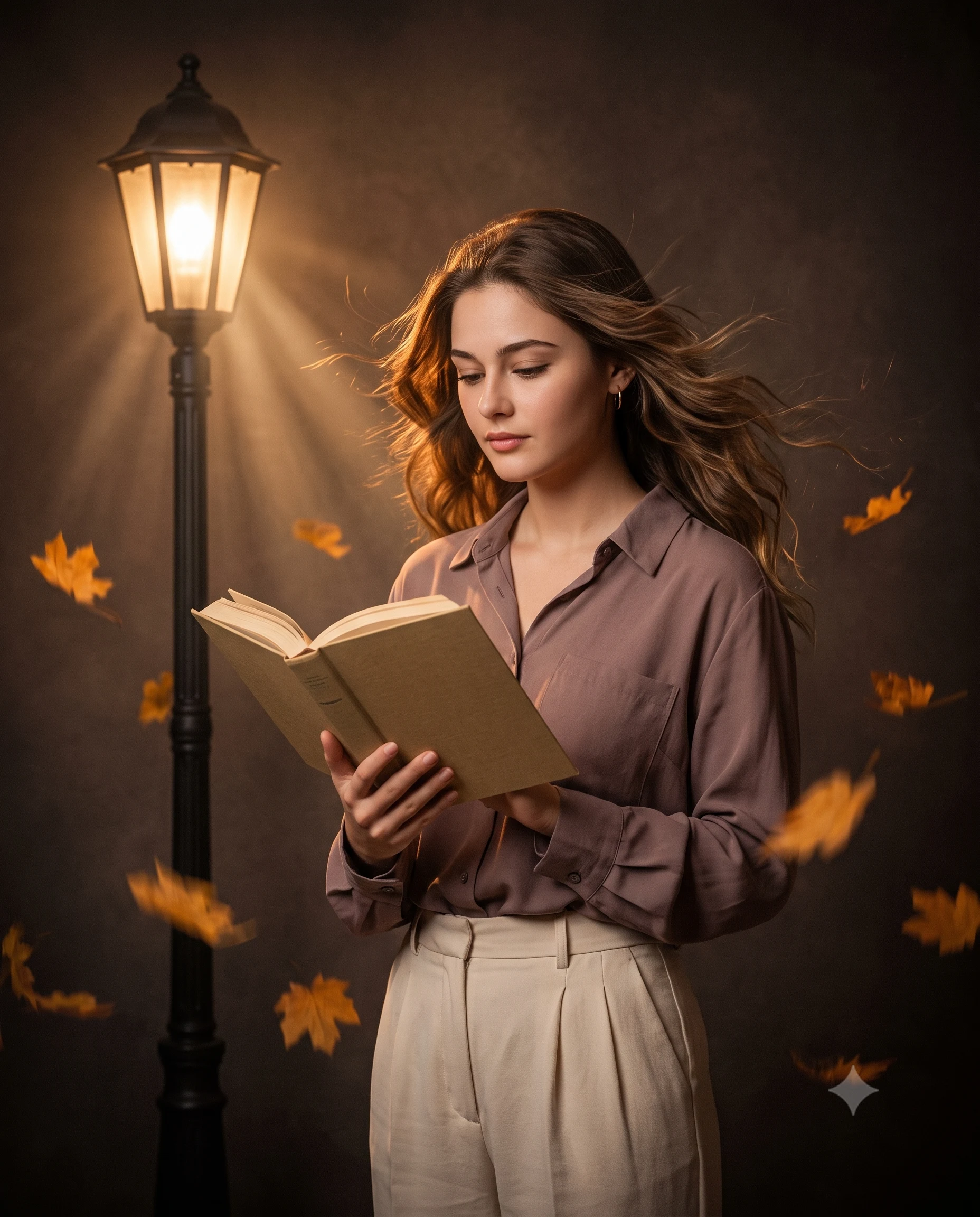 پرتره پاییزی بانوی کتابخوان زیر نور چراغ