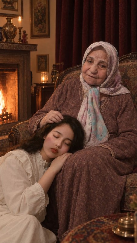 پرتره نوستالژیک ایرانی مادر و دختر کنار شومینه