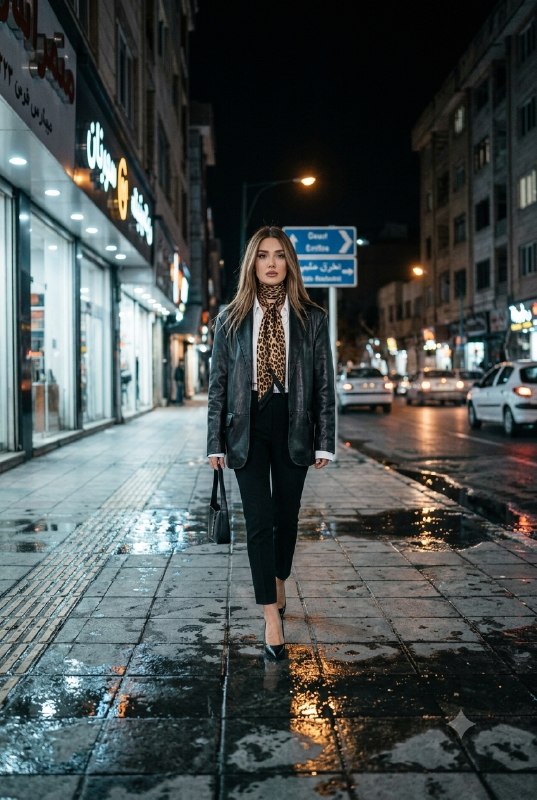 پرتره فشن و مد بانوان با کت چرم خاص